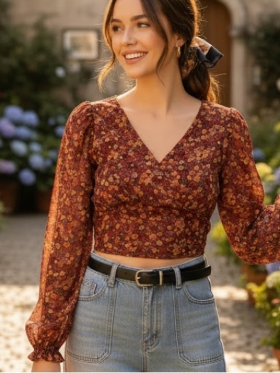 BB Dakota by Steve Madden Tops - BB Dakota by Steve Madden Rust Floral V-Neck Long Sleeve Crop Top